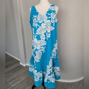 Vintage Helenas Hawaiian Tank Turquoise White Floral Dress Made In Hawaii Sz L